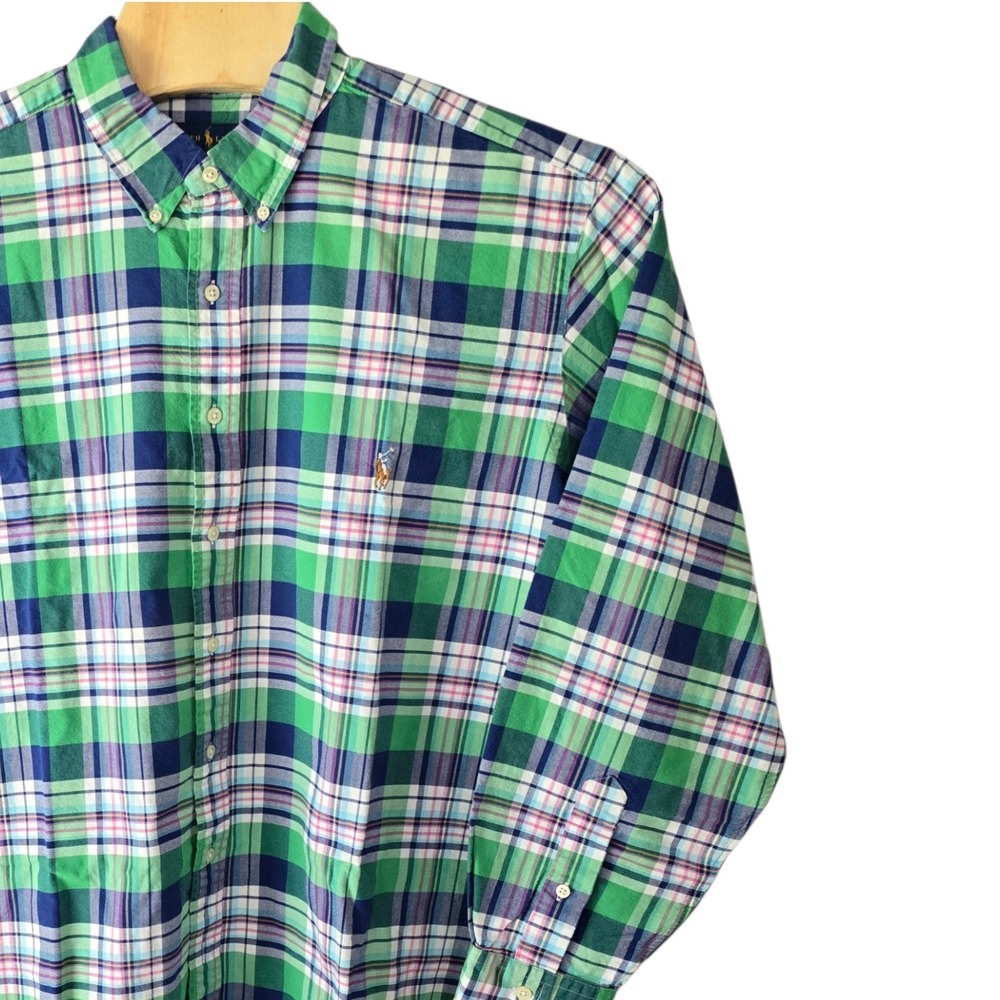 Ralph Lauren Mens 2XB Plaid Button Down Shirt Green Blue Long Sleeve Big & Tall